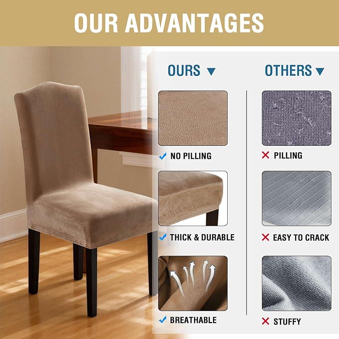 H.VERSAILTEX Velvet Dining Chair Covers Stretch Chair Covers for Dining Room Set of 2 Parson Chair Slipcovers Chair Protectors Covers Dining, Soft Thick Solid Velvet Fabric Washable, Camel