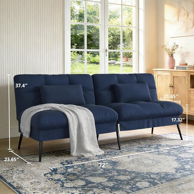 COMHOMA 72″Futon Sofa Bed,Modern Convertible Sleeper Sofa, Fabric Futon Couch with Multi-Position Backrest for Living Room Furniture (Blue)