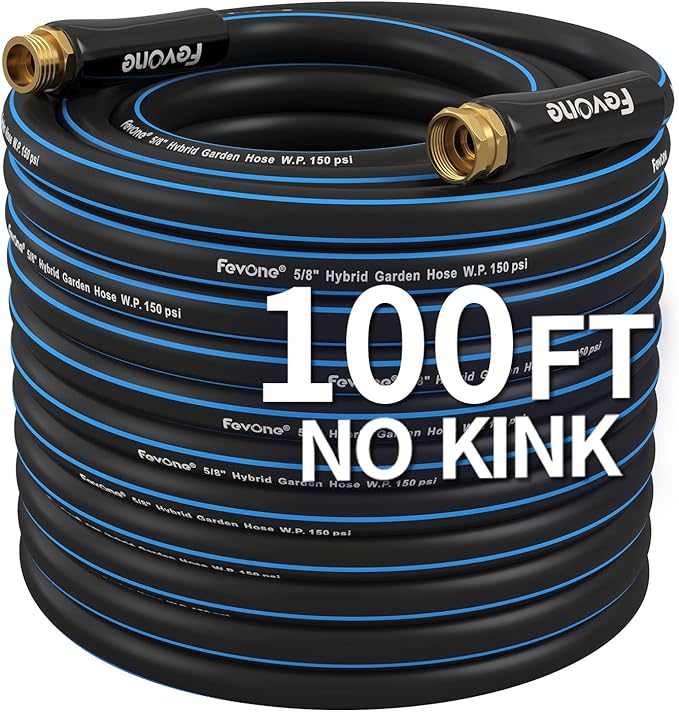 Fevone 100 ft Kink Free Garden Hose, All Weather Flexible, Heavy-Duty & Durable, Solid Brass Fittings, Leak-Free Connection