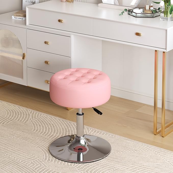 Furniliving Mid-Century Velvet Tufted Makeup Ottoman Stool, 360° Swivel Adjustable Vanity Stool Modern Big Size Vanity Chair Stools for Living Room Bedroom Bathroom, Pink