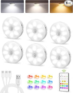 EZVALO 6-Pack Under Cabinet Lighting, Rechargeable Motion Sensor Puck Light with Remote, 3 Color Temps &12 RGB Colors, Magnetic Stick on Light, Dimmable Under Counter Light for Kitchen, Home Decor
