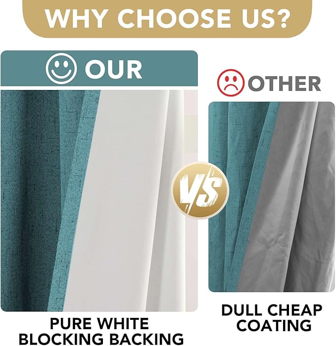 H.VERSAILTEX Linen Blackout Curtains 72 Inches Long 100% Absolutely Blackout Thermal Insulated Textured Linen Look Curtain Draperies Anti-Rust Grommet, Energy Saving with White Liner, 2 Panels, Teal