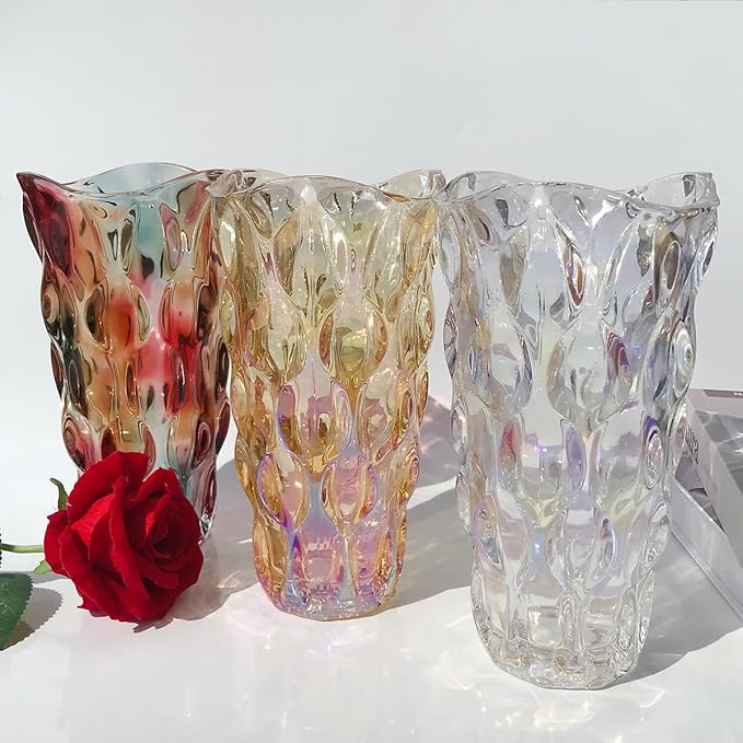 Flower Glass Vase Thick 3.5lb 9.5inch Sparkle vase Bohemian Style, for Centerpieces,Kitchen,Office, Living Room,Wedding,Perfect Home Decor Glass Vase (Sparkle Amber)