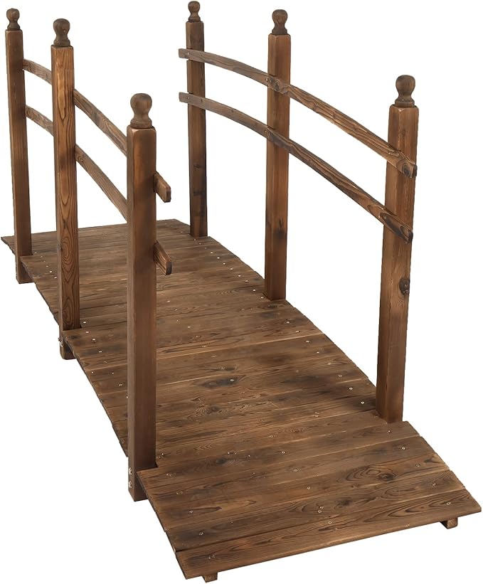 VINGLI 7.5 ft Garden Bridge, Arch Walkway Wooden Bridge with Safety Rails Stained Finished, Decorative Landscaping Footbridge for Koi Pond, Dry Creek Bed, Garden Pathway or Rustic Wedding Decor