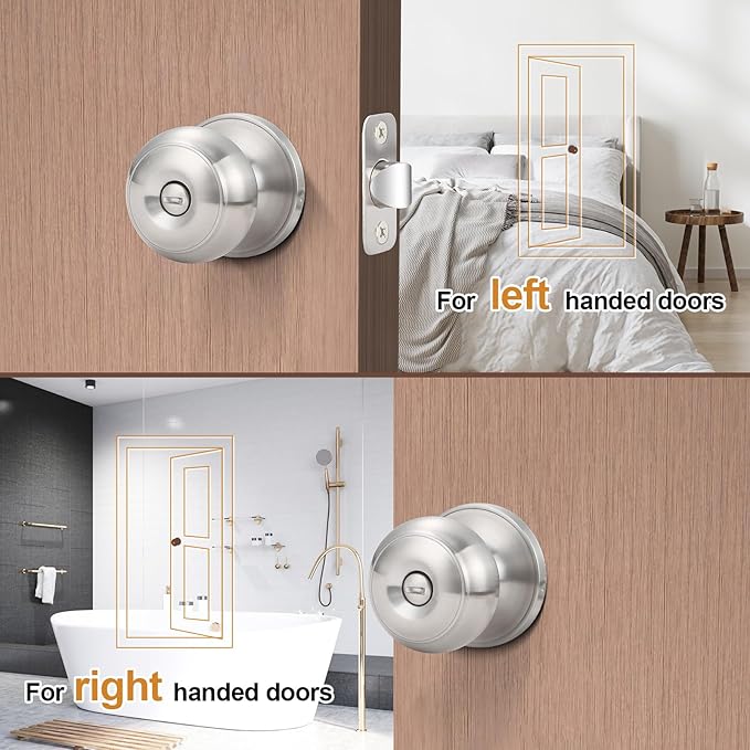 Estmoon 5 Pack Door Knobs Brushed Nickel Interior Keyless Door Lock Privacy Door Handle, Round Ball Silver Knobs for Bathroom Bedroom