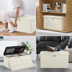 DocSafe Storage Ottoman Bench with Lock,Fireproof 30 Inches Folding Bench Foot Rest Stool Storage Chest Safe for Living Room,Bedroom,Home Office,Waterproof Leather Ottoman with Handles,Beige