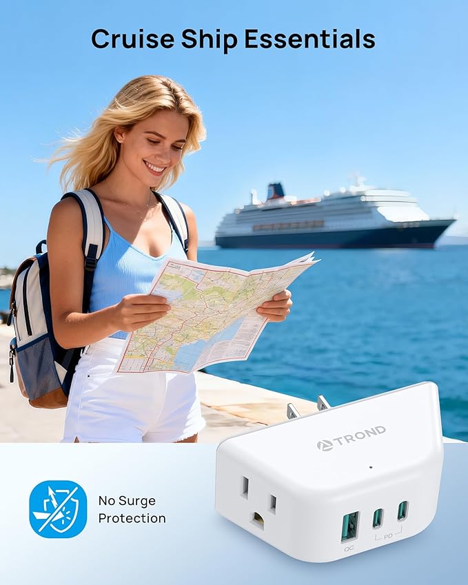 TROND Outlet Extender with USB C PD 20W, Outlet Splitter with 2 AC Sockets, 3-Side Design Wall Plug Adapter, for Home Office Cruise Travel Essentials, White