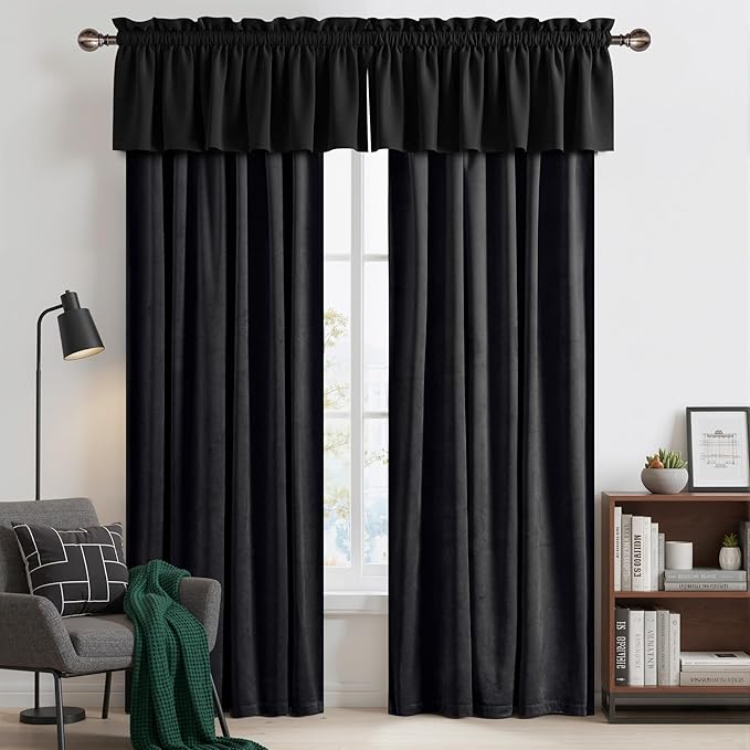 NICETOWN Black Velvet Valance Curtains for Windows 18 inch Length, Kitchen Window Treatment Room Darkening, W52 x L18, 1 Panel