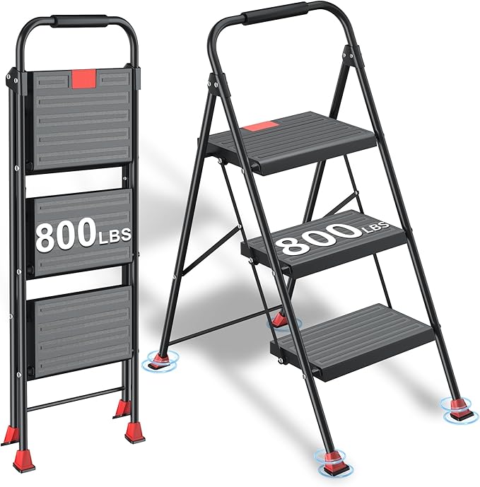 Foldable Step Ladder Folding Stool - 800Lbs Heavy Duty with Handrails for Home Adults Kitchen 3 Stepping Extension Tall - Indoor House Closet Stepstool Stair Ladders Extendable Stepladder