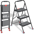 Foldable Step Ladder Folding Stool - 800Lbs Heavy Duty with Handrails for Home Adults Kitchen 3 Stepping Extension Tall - Indoor House Closet Stepstool Stair Ladders Extendable Stepladder