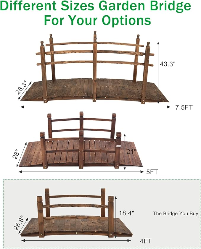 VINGLI 4 ft Garden Bridge, Arch Walkway Wooden Bridge with Safety Rails Carbonized Finished, Decorative Landscaping Footbridge for Koi Pond, Dry Creek Bed, Garden Pathway or Rustic Wedding Decor