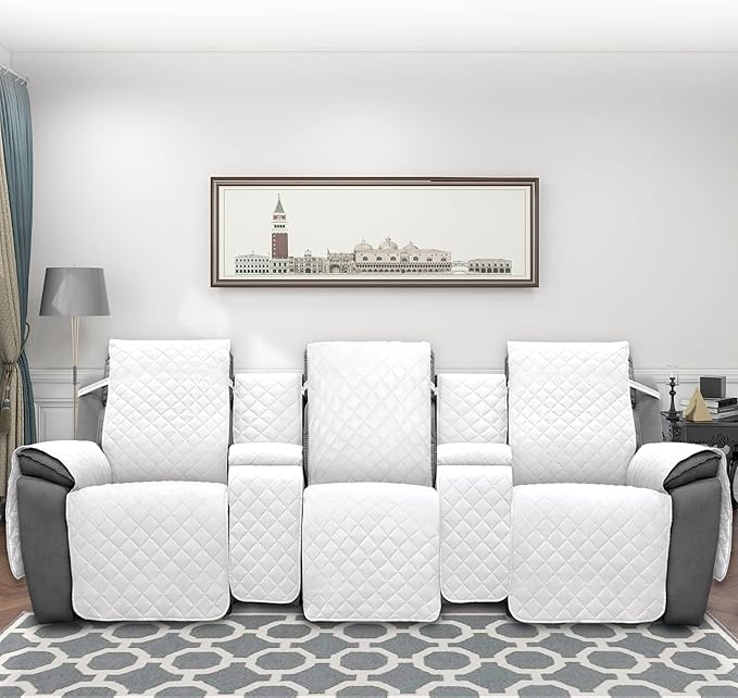 Easy-Going Recliner Sofa Cover with Console, Reversible Couch Cover for Living Room, Split Sofa Cover for Each Seat with Elastic Straps for Kids, Dogs, Pets (3 Seater, White/White)