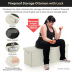 DocSafe Storage Ottoman Bench,Fireproof＆Waterproof Folding Bench with Lock(15”x 43”x15”),Leather Storage Chest with Handles＆2 Extra Boxes,Ottoman Safe for Bedroom,Living Room,Home Office,Beige