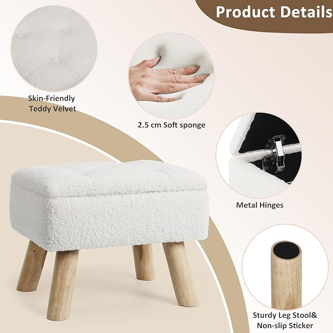 Storage Ottoman, Small Foot Stool Ottoman with Storage, Boucle Teddy Velvet Foot Rest with Padded Seat, Sturdy Wood Legs Stool for Living Room, Bedroom, Couch, Enterway (Cream)
