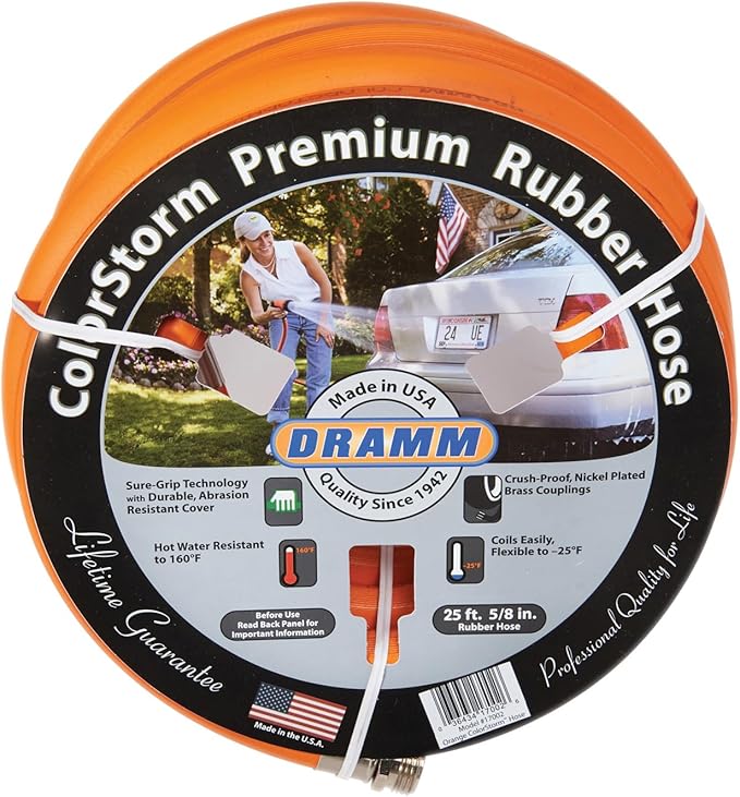 Dramm ColorStorm Premium Rubber Garden Hose, No Kink, Leak Proof Water Hose, Male Female Fittings, Made in USA, Hot & Cold Resistant, 518 Burst PSI, Orange, 5/8"x50'