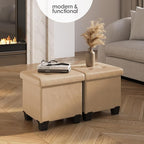 Storage Ottoman Cube with Small Bin, 15-in Square Ottoman with Storage for Living Room and Bedroom, Small Ottomans Foot Rest, Leather Foot Stools Ottomans Max 330lbs, Taupe