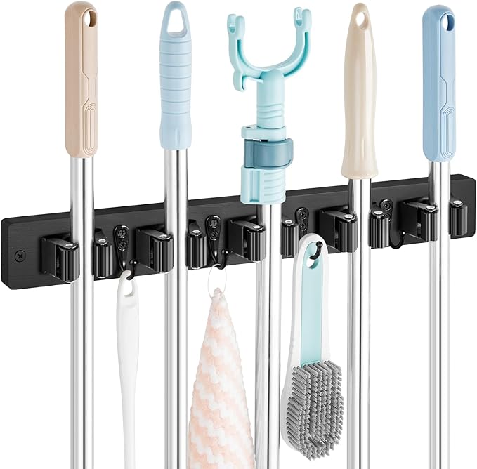 Mop and Broom Holder Wall Mount - Black Broom Mop Hanger - Wall Mounted Garden Tool Rack Organizer for Closet Garage Laundry Room Kitchen Decor With 5 Slots & 4 Hooks
