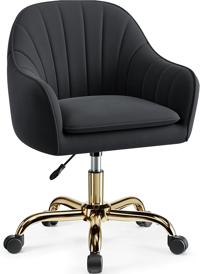 Vanity Chair with Wheels, Comfy Home Office Desk Chairs Adjustable Modern Velvet Makeup Vanity Chairs for Bedroom Living Room-Black