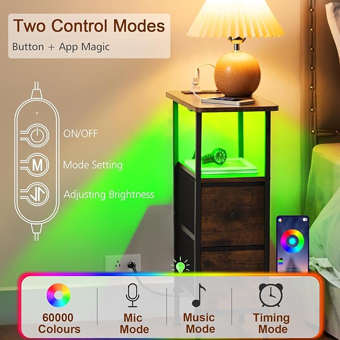 Narrow Nightstand with Charging Station, End Tables Living Room Set of 2, Skinny Side Table with Fabric Drawers, Small Sofa Table with LED Light for Bedroom, Brown, HETNDP02LBR