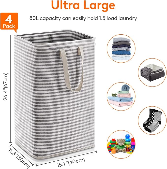 Lifewit 4 Pack Laundry Basket 80L Each, Collapsible Clothes Hamper with Reinforced Handles, Freestanding Waterproof Design for Bedroom and Laundry Room, Black 320L Total