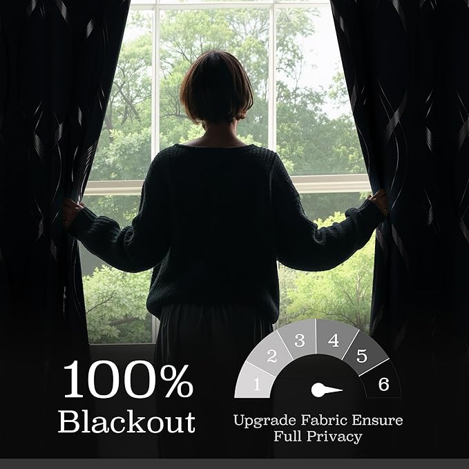 NICETOWN 100% Blackout Curtains Panels for Living Room, Greyish Blue, 52" Wide x 72" Long, 2 Panels, Sound Reducing Thermal Insulated Wave Line Foil Print Design Curtains for Patio Sliding Glass Door