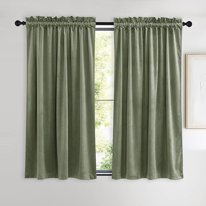NICETOWN Sage Green Velvet Curtains 54 inches Long 2 Panels for Small Window, Elegant and Sleek Velvet Drapes for Cinema, Hall, Theatre (42-inch Wide)