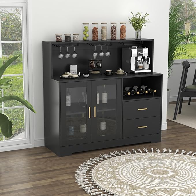 Bar Cabinet for Home with LED Light, Coffee Bar Cabinet with Wine & Glass Rack, Wine Cabinets with Drawers & Microwave Stand, Modern Liquor Cabinets for Kitchen, Living Room, Dining Room (Black)