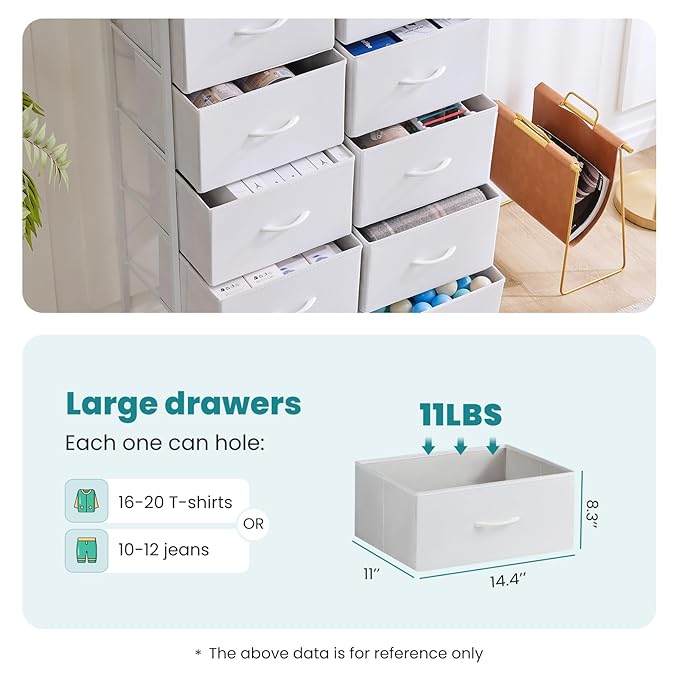 Dresser for Bedroom with 10 Drawers, Anti-Tip Tall Fabric Chests Storage Organizer Tower Furniture with Wooden Top Metal Frame for Clothes, Closet, Living Room, Hallway, Entryway