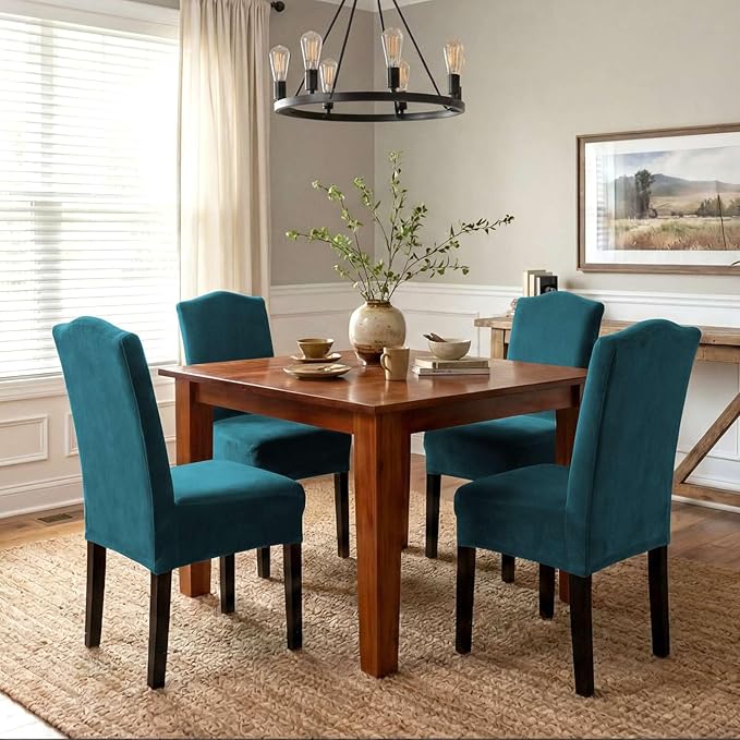H.VERSAILTEX Velvet Dining Chair Covers Stretch Chair Covers for Dining Room Set of 4 Parson Chair Slipcovers Chair Protectors Covers Dining, Soft Thick Solid Velvet Fabric Washable, Deep Teal