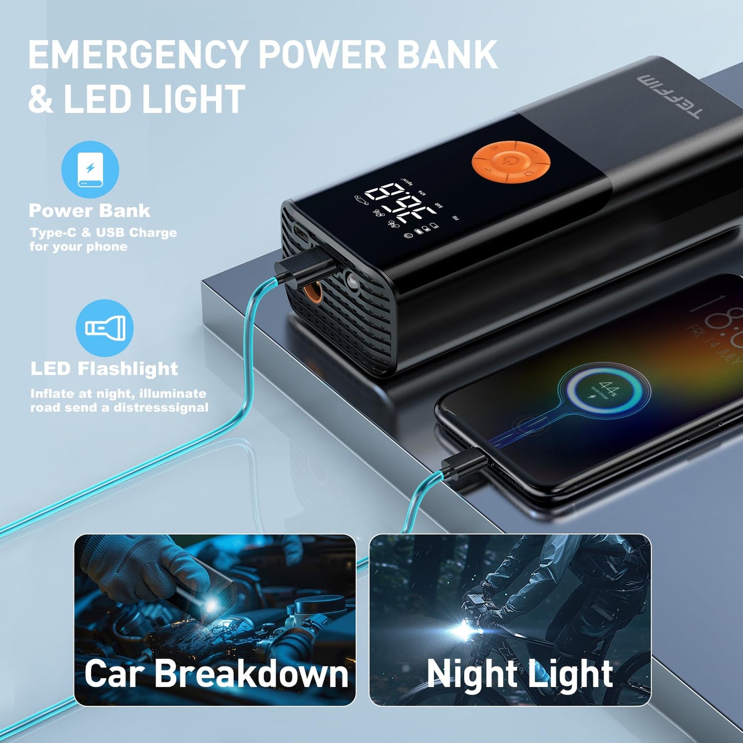 Portable Tire Inflator - 150PSI, 20000mAh, 12V Air Compressor for Car, Bike & More