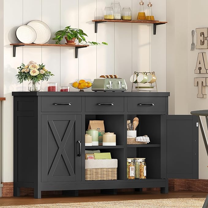 TEENFON Storage Cabinet, Coffee Bar Cabinet with 3 Drawers, 2 Adjustable Shelves & 2 Doors, Buffet Cabinet, Kitchen Cabinet for Kitchen, Dining Room, Living Room, Black