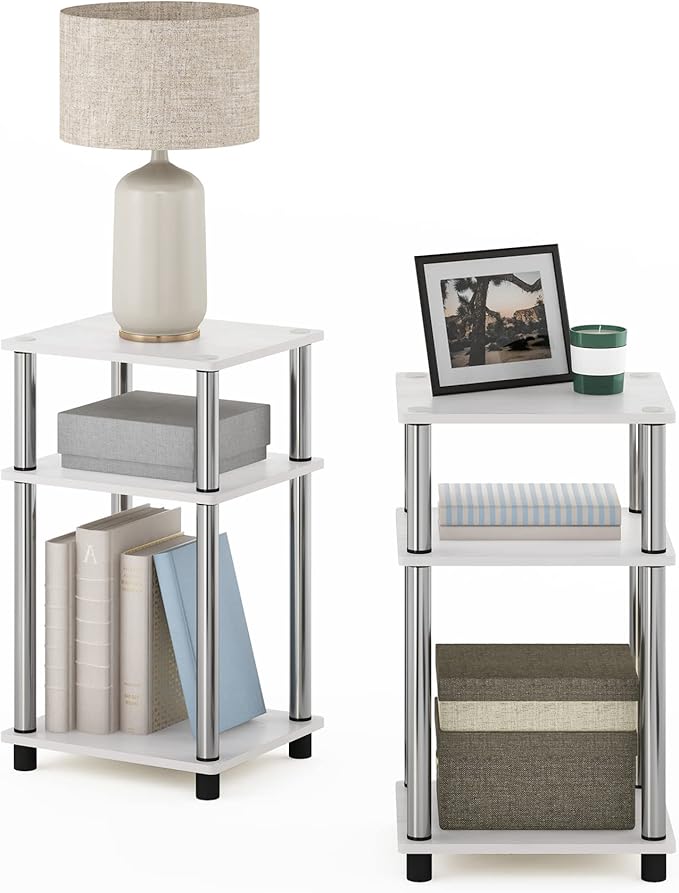 Furinno JUST Side Table Set of 2, 3-Tier Modern End Tables, Open Shelves Night Stand, Nightstand, Toolless Assembly, for Living Room, Bedroom, White Oak/Stainless Steel
