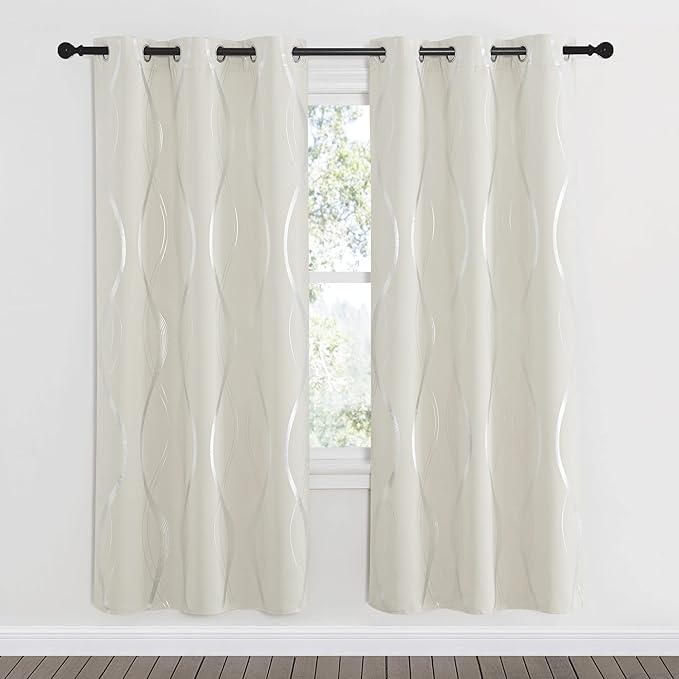 NICETOWN Blackout Curtains Panels for Bedroom, Beige, 2 Panels, 42 x 72 Inch, Microfiber Noise Reducing Thermal Insulated Wave Line Foil Print Design Blackout Curtains for Patio Sliding Glass Door