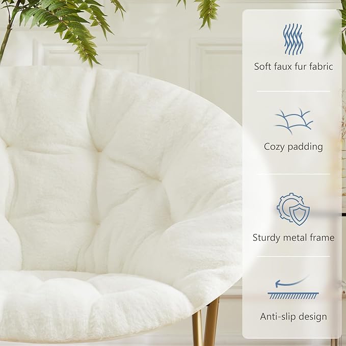 DUMOS Comfy Saucer Chair, Faux Fur Lounge Seasting XL Circle Chair for Bedroom, Dorm & Gaming, Foldable Fashion Accent Seat for Small Spaces, Folding Moon/Mushroom/Round Oversized Style