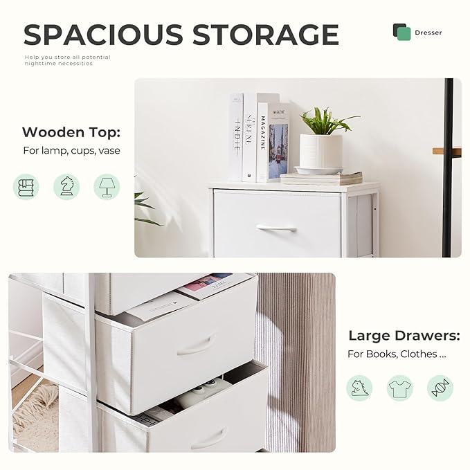 Dresser for Bedroom with 4 Drawers, Anti-Tip Tall Fabric Chests Storage Organizer Tower Furniture with Wooden Top Metal Frame for Clothes, Closet, Living Room, Hallway, Entryway