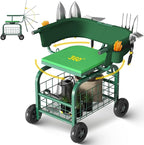 Suntee Garden Seat with Wheels, Rolling Gardening Stool with 360° Swivel Seat & Backrest,Tool Storage Basket & Back Tool Pouch, Adjustable Handle, Outdoor Gardening Scooter, Garden Cart for Seniors