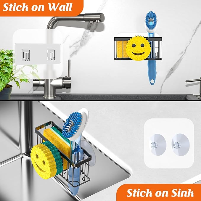 Sponge Holder Smiley Face, Sink Caddy for kitchen Sink, Kitchen Organizer Sponge Holder with 2 PCS Suction Cups/1 PCS Adhesive Strips, Designed for Sponge, Soap, Dish brush, Scrubber-Black