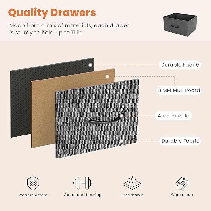 Dresser for Bedroom with 5 Drawers, Anti-Tip Wide Fabric Chests Storage Organizer Tower Furniture, TV Stand for TV up to 45 inch with Wooden Top Metal Frame for Clothes, Living Room, Hallway, Entryway