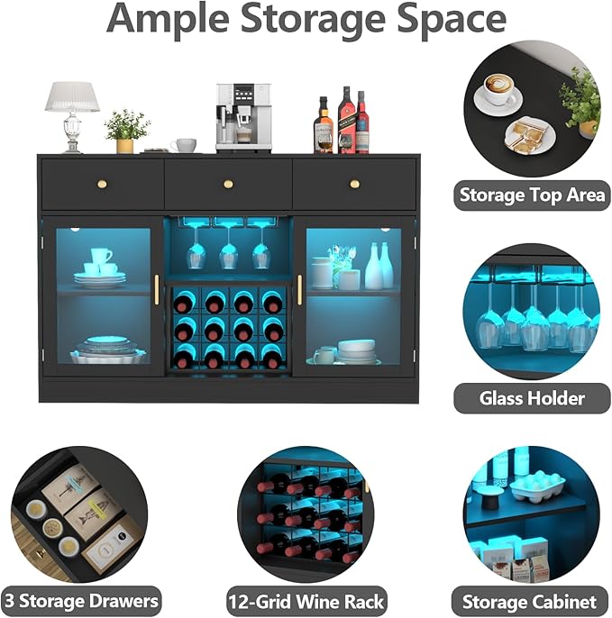 Auromie Wine Bar Cabinet with LED Light, Home Coffee Cabinet with Wine and Glass Rack, Kitchen Buffet Sideboard with Storage Cabinet&Drawers, Modern Liquor Cabinet for Living Room Dining Room (Black.)