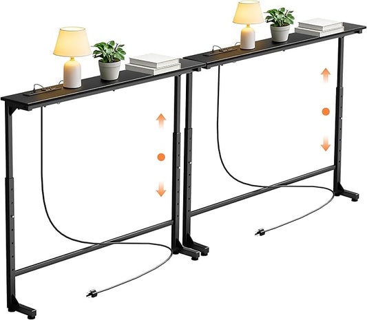 GRLEAF 2 Pack Adjustable Height Narrow Console Table with Power Outlets, 70" Long Sofa Table with Charging Station Behind Couch Table Entryway Table for Living Room and Hallway – Black
