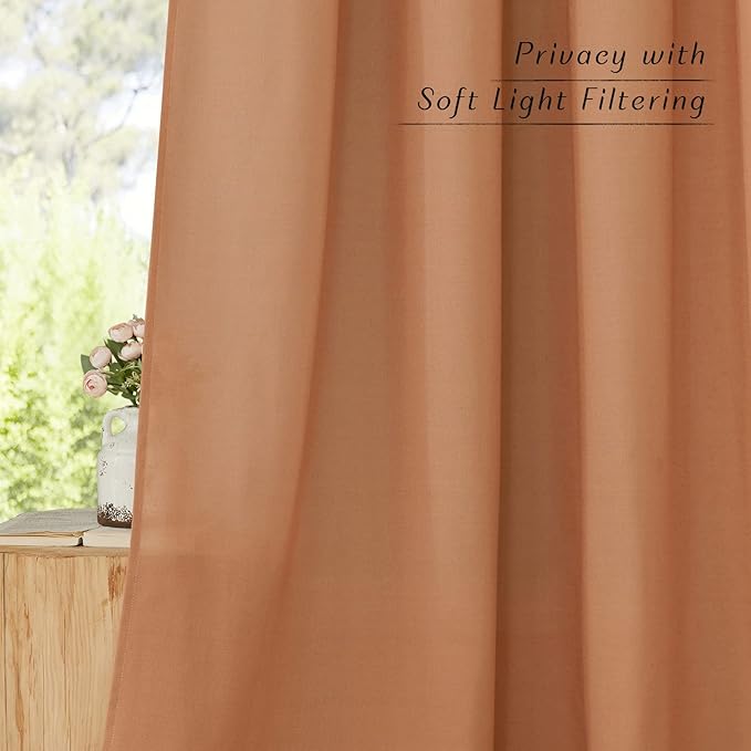NICETOWN Linen Curtains 96 inches Long for Living Room, Grommet Semi Sheer Drapes Linen Weave Window Treatments Privacy Added with Light Filtering for Bedroom, Burnt Orange, W34 x L96, 2 Panels