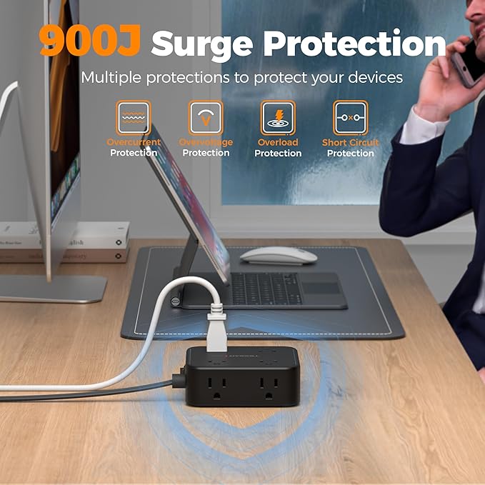 TESSAN Surge Protector Power Strip, 10 Ft Flat Plug Extension Cord with 3 USB (1 USB C) 8 Outlets, 1250W, 900J Protection, 3 Sided Outlet Extender with Power Switch for Office, Dorm Room, Black