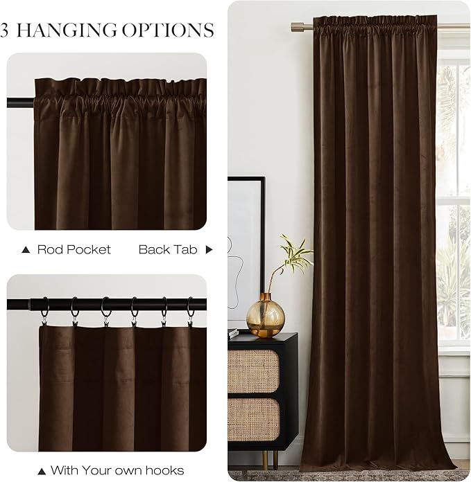NICETOWN Brown Velvet Curtains 108 inches Long 2 Panel, Blackout Energy Saving Thermal Insulated Sound Reducing Heavy Matt Heat & Chill Resistant Drapes for Home Decoration (52 X 108)