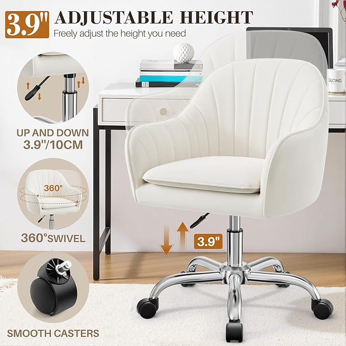 Vanity Chair with Wheels, Comfy Home Office Desk Chairs Adjustable Modern Velvet Makeup Vanity Chairs for Bedroom Living Room-Beign