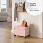 Storage Ottoman Cube with Small Bin, 16-in Square Ottoman with Storage for Living Room and Bedroom, Small Ottomans Foot Rest, Fabric Foot Stools Ottomans Max 330lbs, Pink