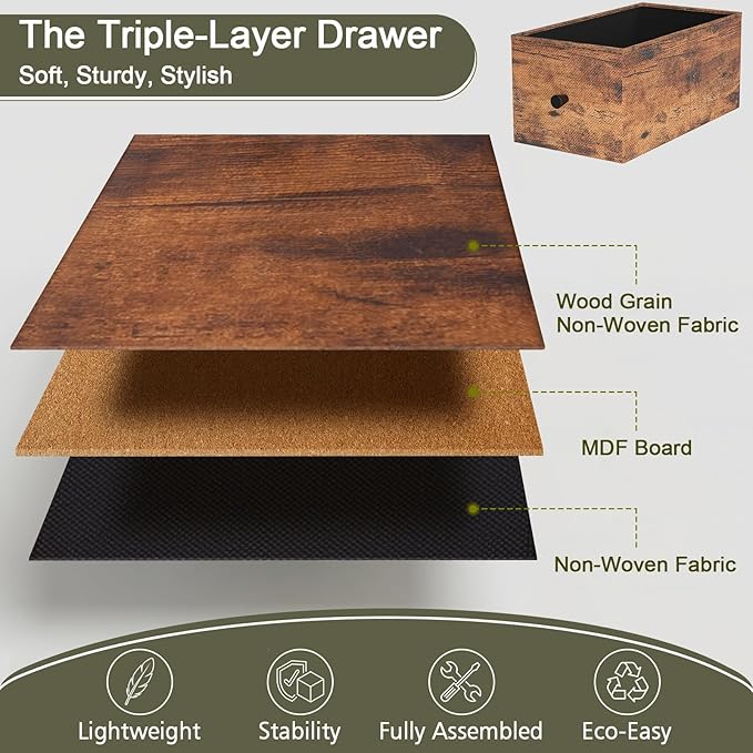 Narrow Nightstand with Charging Station, End Tables Living Room Set of 2, Skinny Side Table with Fabric Drawers, Slim Sofa Table for Bedroom, Small Spaces, Couch, Rustic Brown, HETNDP02PBR