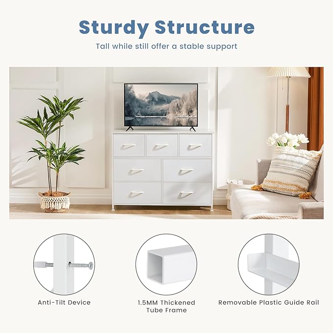 Dresser for Bedroom with 7 Drawers, Anti-Tip Wide Fabric Chests Storage Organizer Tower Furniture, TV Stand for TV up to 45 inch with Wooden Top Metal Frame for Clothes, Living Room, Hallway, Entryway