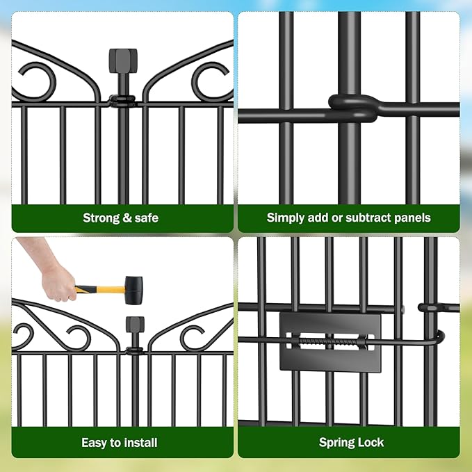No Dig Decorative Garden Fence 6 Panel with Gate - 30in H x 11.8ft L, Tall Animal Barrier for Dogs Rabbits, Rustproof Metal Wire Panels for Yard, Patio, and Outdoor Border Use