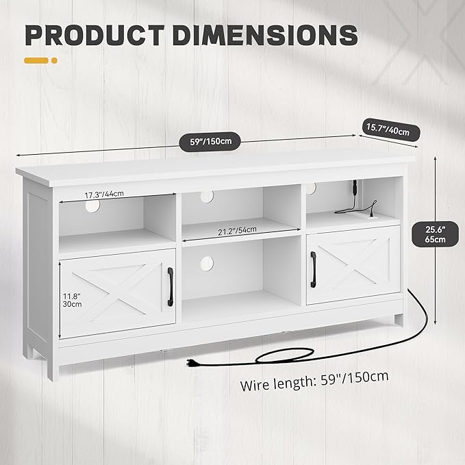 YITAHOME TV Stand for 65 Inch TVs, Entertainment Center with Storage Cabinets, Power Outlet & LED Light, Media Console Living Room Furniture, White