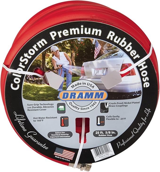 Dramm ColorStorm Premium Rubber Garden Hose, No Kink, Leak Proof Water Hose, Male Female Fittings, Made in USA, Hot & Cold Resistant, 518 Burst PSI, Red, 5/8"x50'